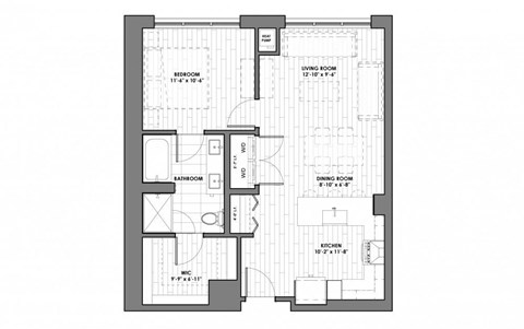 Floor plan for 1 bed, 1 bath, 805 sqft